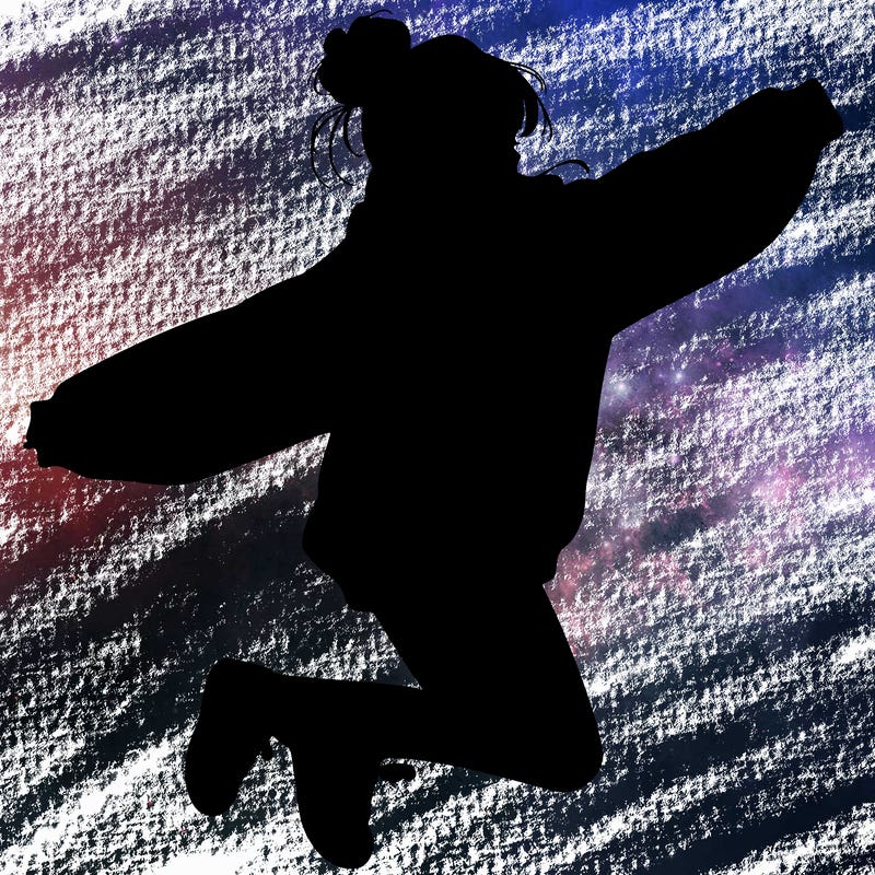 realistic girl jumping with a bun and oversized sweatshirt