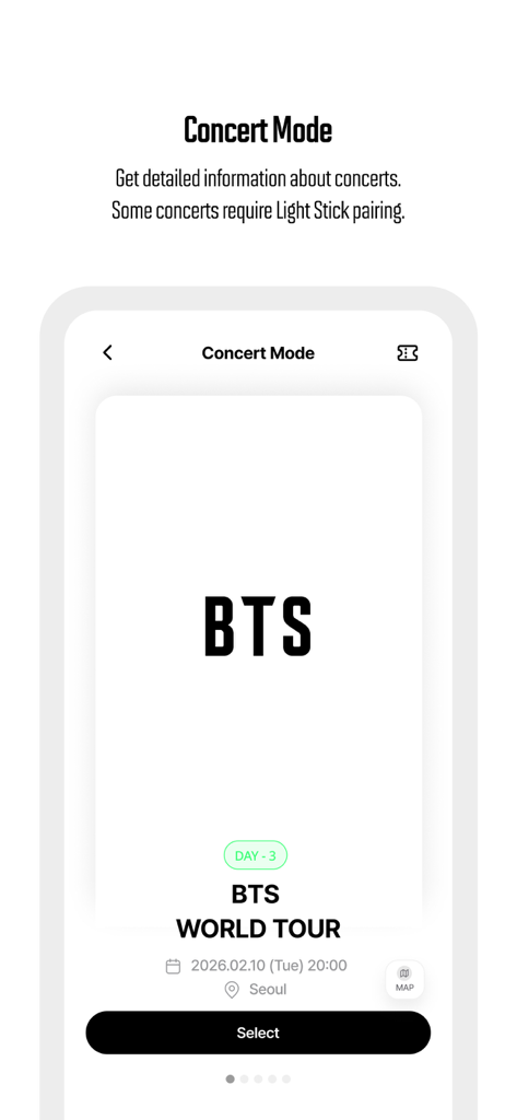 BTS Official Light Stick Ver.4 - Pantalla del Modo Concierto de la aplicación BTS Official Light Stick mostrando la selección del evento de gira.
