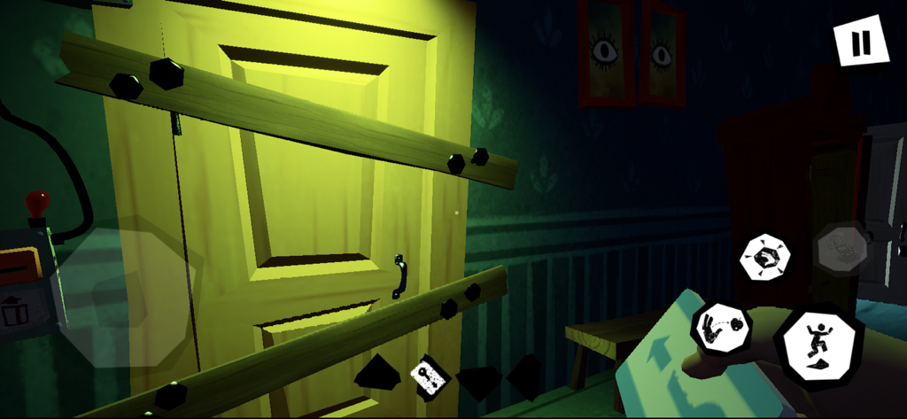 A first-person perspective in Hello Neighbor showing a yellow door boarded up with wooden planks inside a dimly lit house.