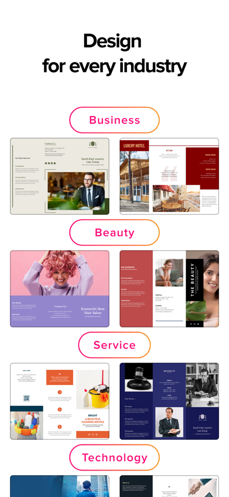 Selección de plantillas profesionales de folletos y dípticos categorizadas por industrias de servicios de belleza y tecnología para negocios