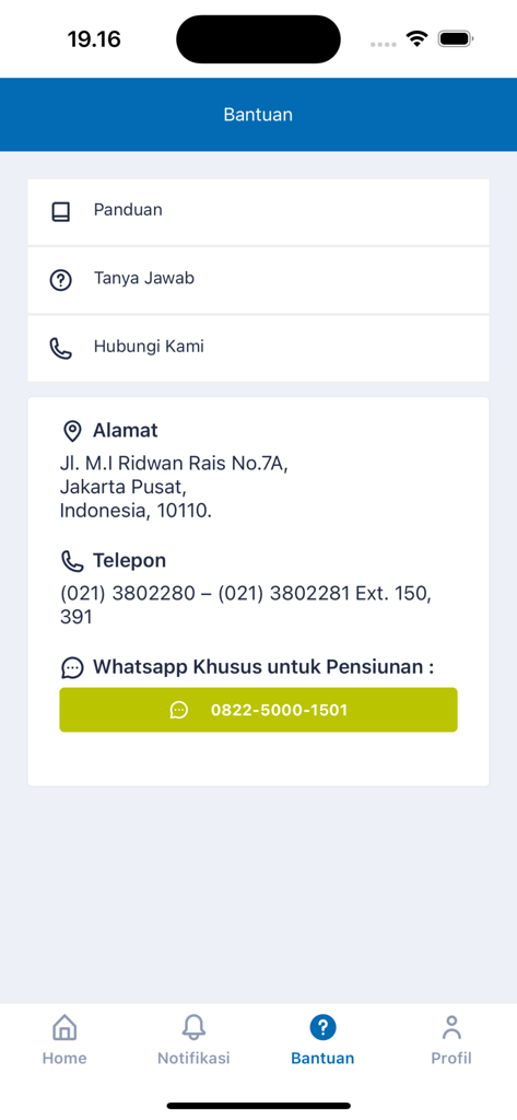 OPéN - Pantalla de ayuda y soporte de la aplicación OPéN que muestra detalles de contacto, dirección de la oficina y un botón de soporte dedicado de WhatsApp para jubilados.