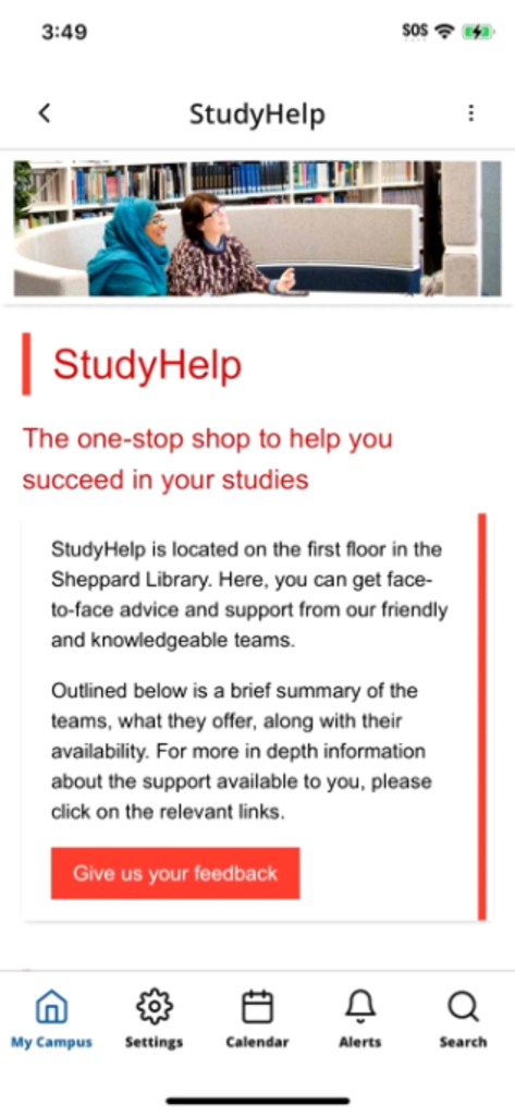 Screenshot of the StudyHelp page in the MyMDX app providing academic support information for Middlesex University students.