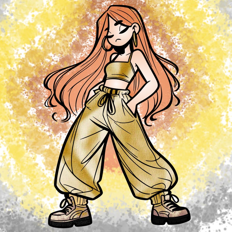 girl in baggy pants crop top and long hair