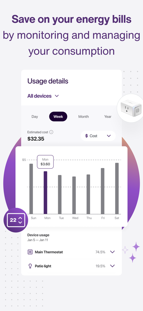 TELUS SmartHome plus app interface showing energy usage details with a bar chart and device consumption breakdown for a thermostat and patio light