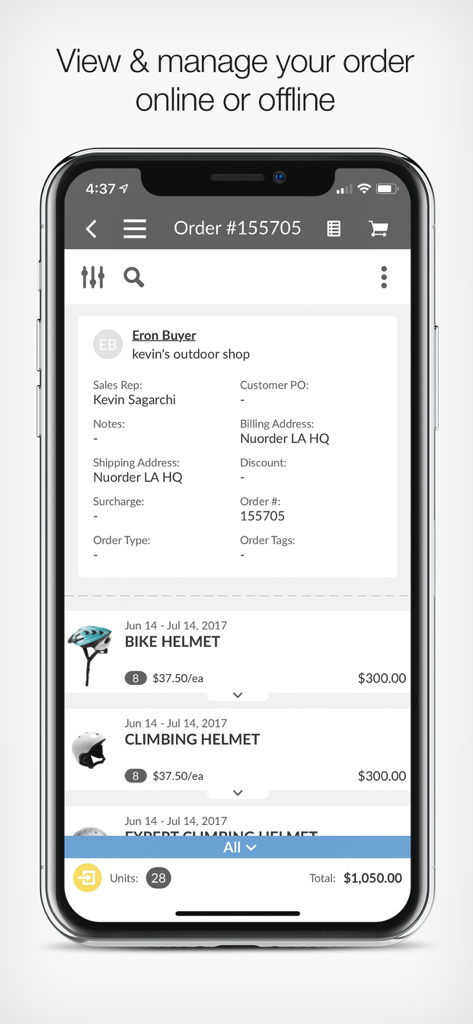 NuORDER 4.0 app screenshot showing a wholesale order summary for an outdoor shop on an iPhone