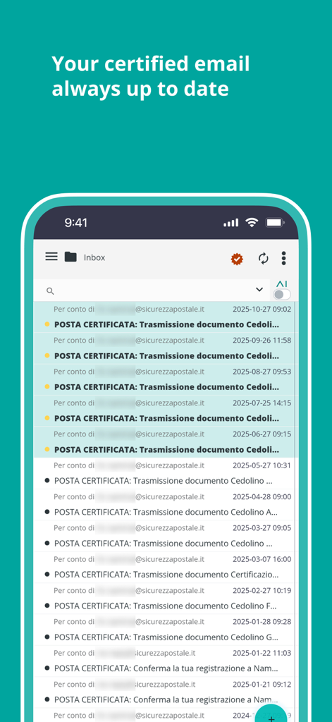 Interfaccia della casella di posta dell'app mobile Namirial PEC che mostra un elenco di messaggi di posta elettronica certificata