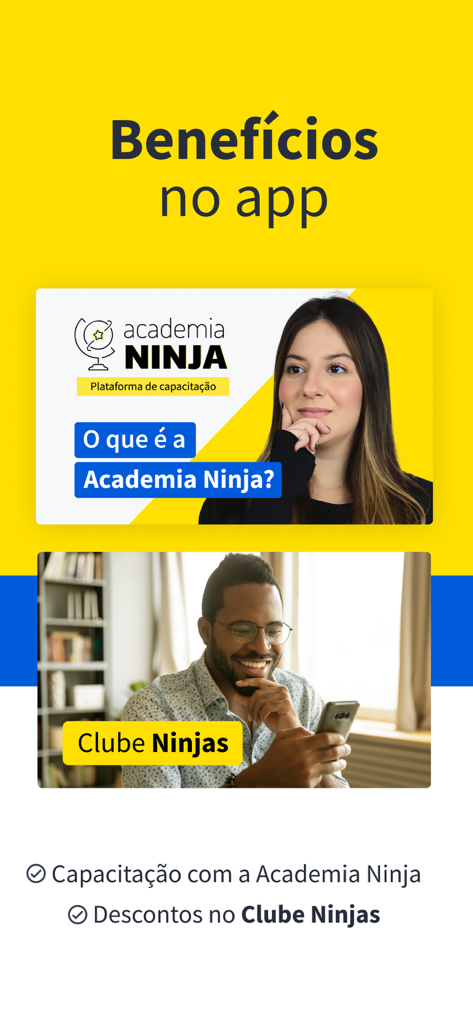 Promotional screen for GetNinjas para Profissional app showing benefits like the Academia Ninja training platform and Clube Ninjas discount club