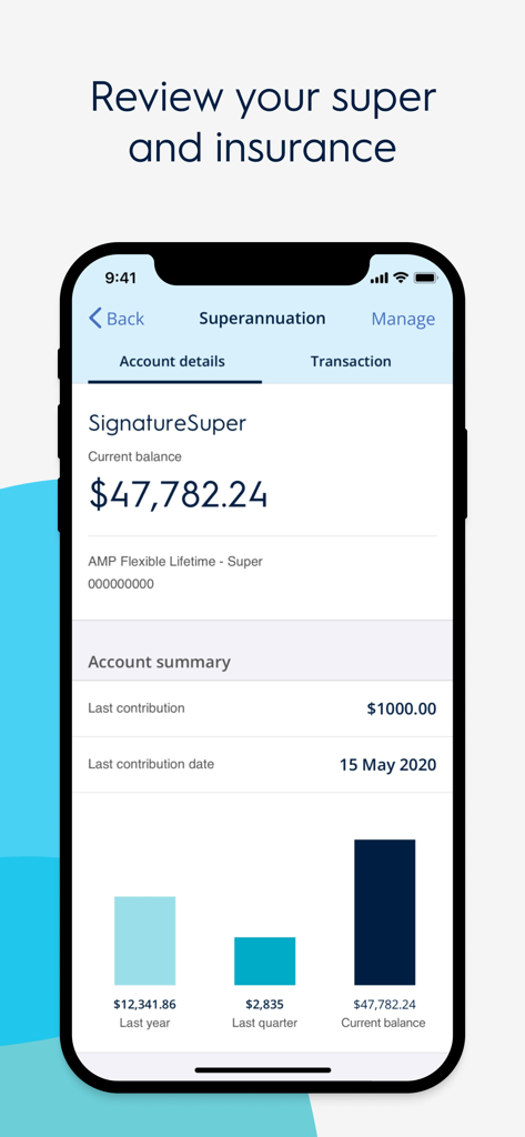 My AMP mobile app interface showing superannuation account balance and contribution summary with growth charts
