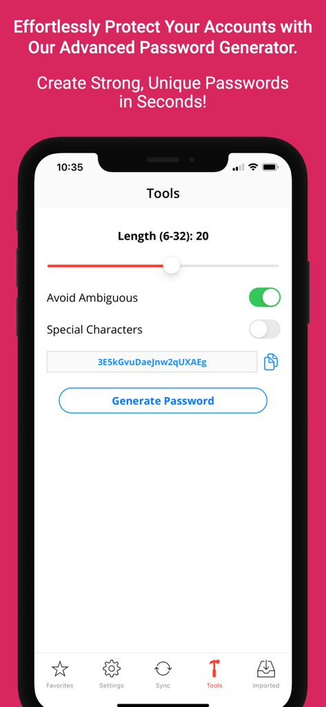 Password Manager iPassSafe . - iPassSafe mobile app password generator interface with customizable security settings.