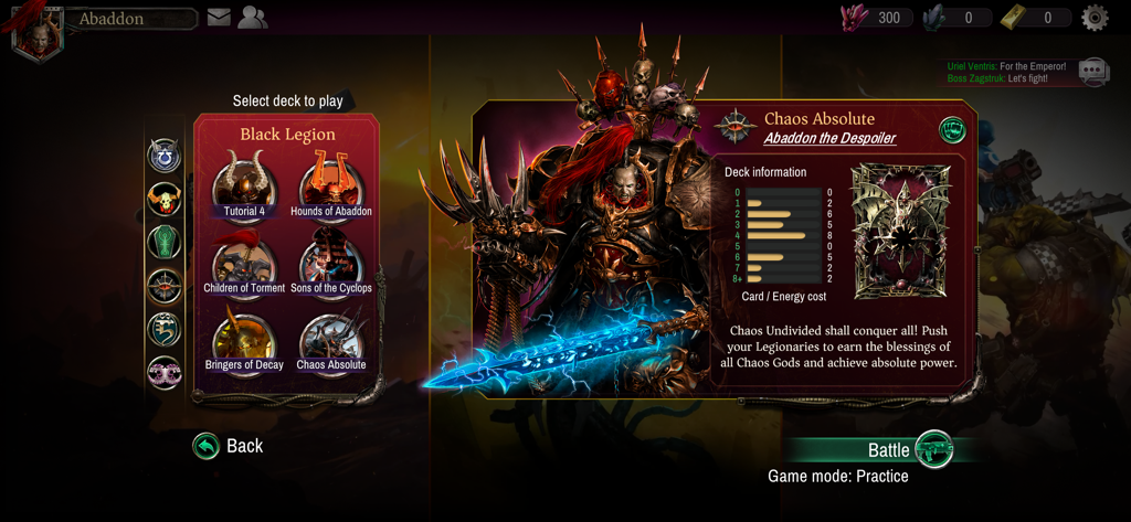 Warhammer 40,000: Warpforge - Tela de seleção de deck da Legião Negra em Warhammer 40000 Warpforge com Abaddon, o Destruidor