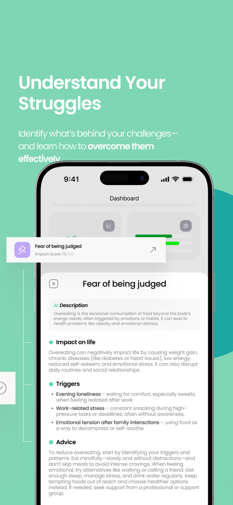 New Me: AI for Self-Awareness - A mobile app interface from New Me showing a detailed AI analysis of emotional triggers and behavioral patterns to help users understand their personal struggles.