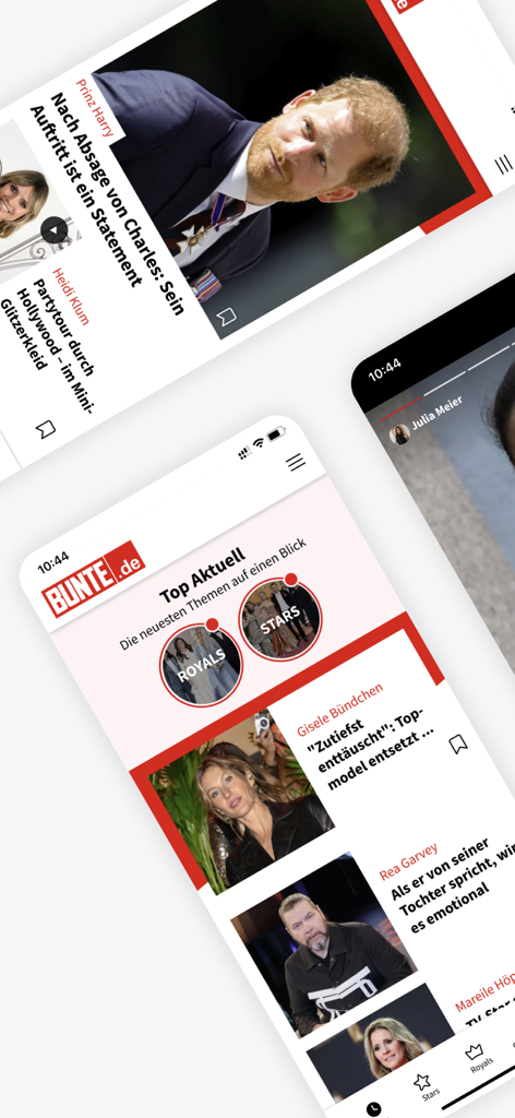 Screenshot dell'app mobile BUNTE.de che mostra articoli di notizie sul Principe Harry e gossip di celebrità