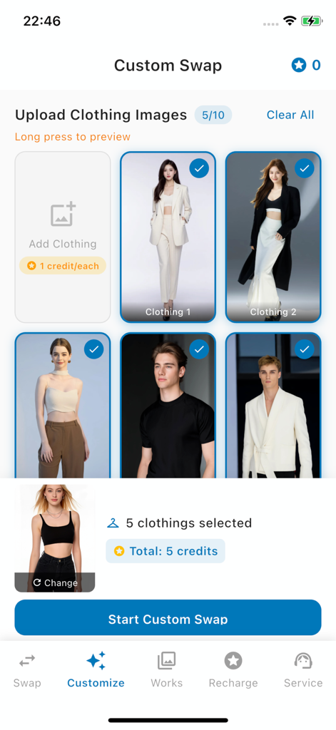 Interface of the AImagica app's Custom Swap feature for AI-powered clothing transformation