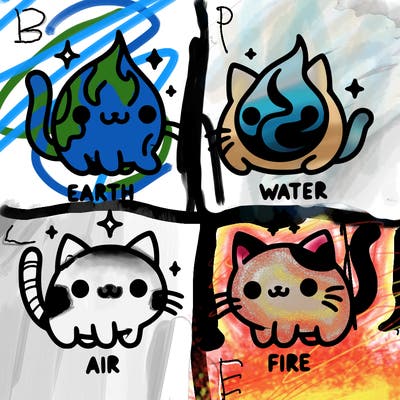4 cats that represent the different elements, earth, water, air, and fire