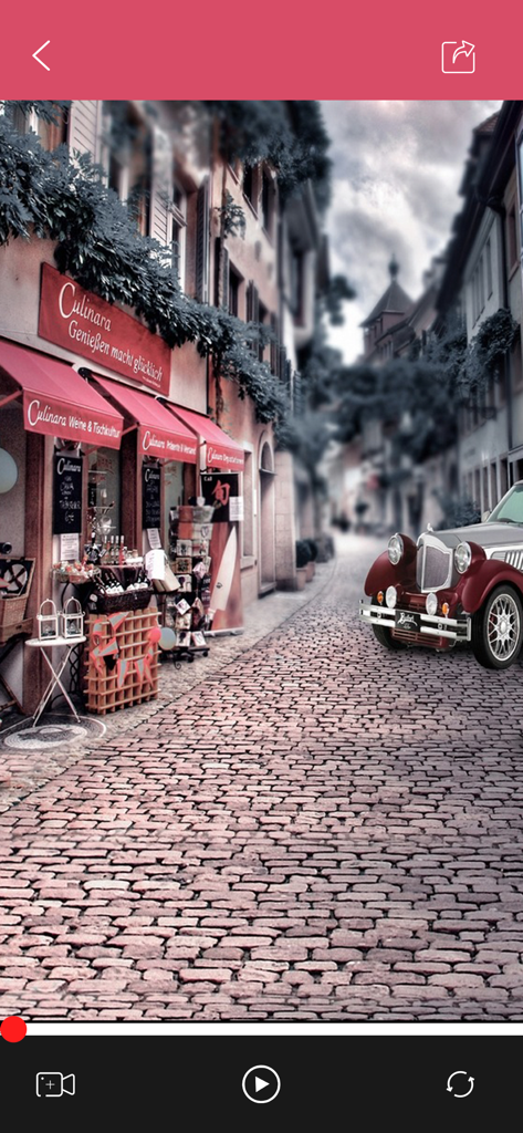 Video Retouch app interface previewing a street scene with a vintage car