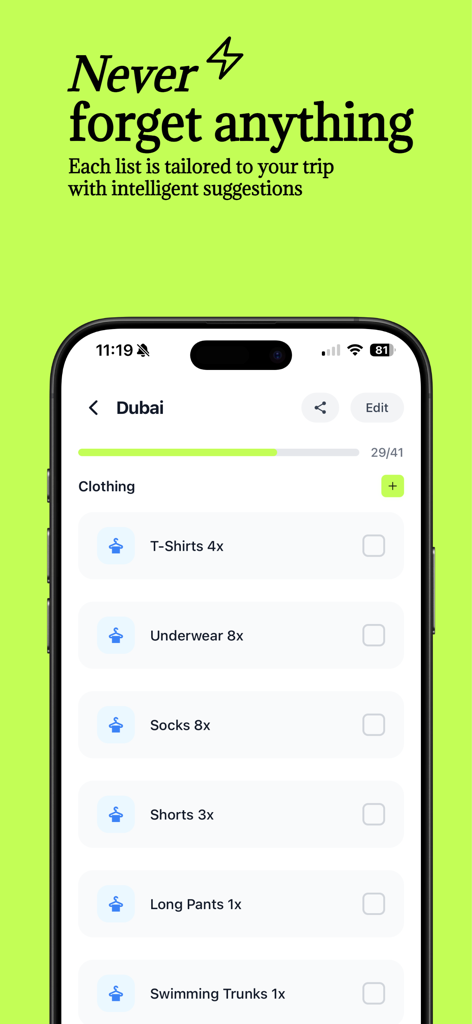Una pantalla de aplicación móvil minimalista que muestra una lista de equipaje personalizada para un viaje a Dubái con artículos de ropa como camisetas y pantalones cortos.