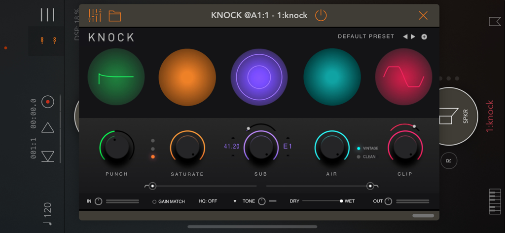 KNOCK app user interface featuring five control knobs for Punch Saturate Sub Air and Clip