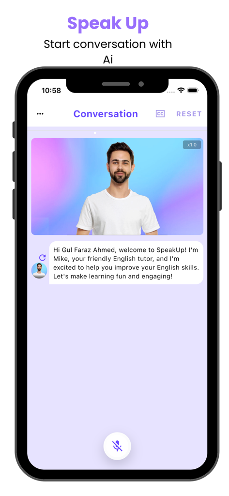 Speak-Up App - Speak-Up app interface showing a conversation with an AI English tutor named Mike.