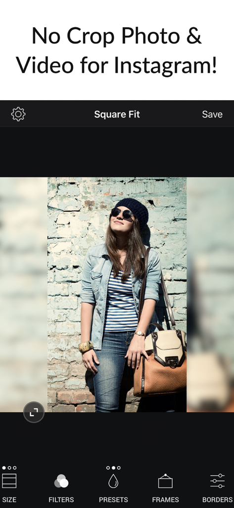 Instagram用にぼかし背景ボーダーで編集された縦長の写真が表示されている、Square Fitのモバイルアプリインターフェイス