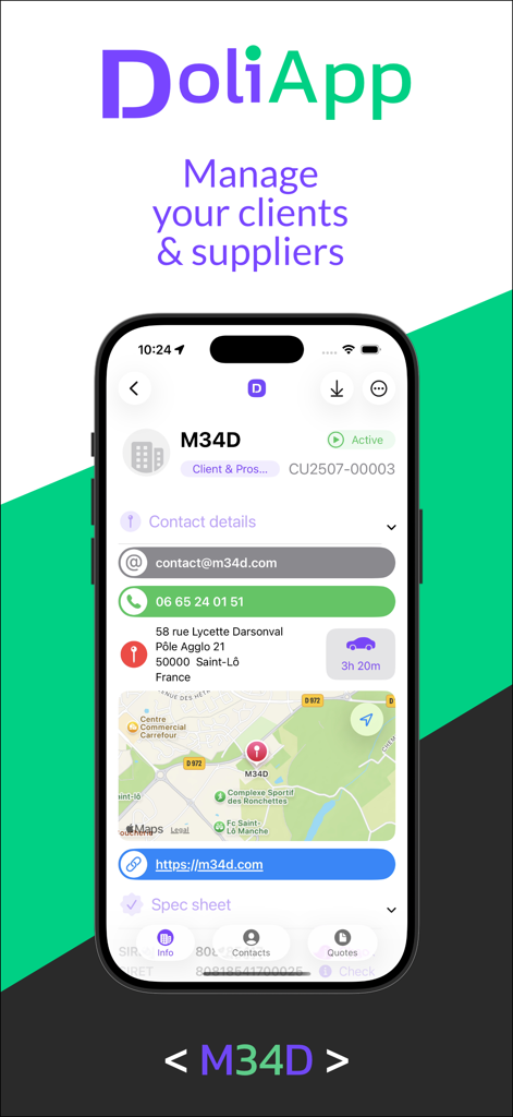 DoliApp: My Dolibarr ERP CRM - DoliApp-Oberfläche, die Kundenkontaktdaten mit integrierter Karte und Geschäftsinformationen anzeigt