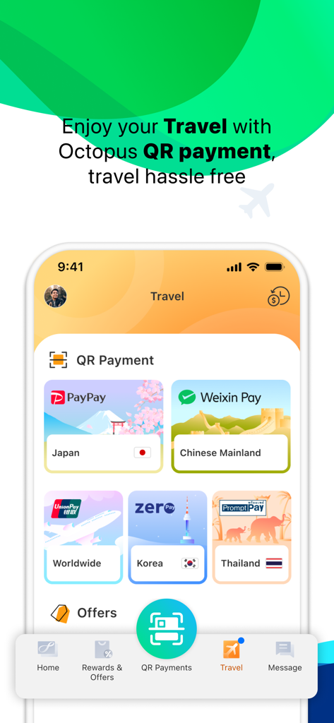 Octopus app travel screen showing QR payment options for Japan Chinese Mainland Korea and Thailand