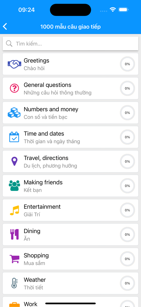 Interfaccia dell'app di apprendimento dell'inglese che mostra categorie come Saluti, Shopping e Viaggi con traduzioni vietnamite