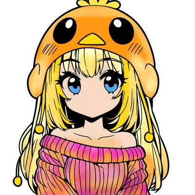 anime girl with chick shaped hat with sweater with bare shoulders with bangs covering them one eye with low tail