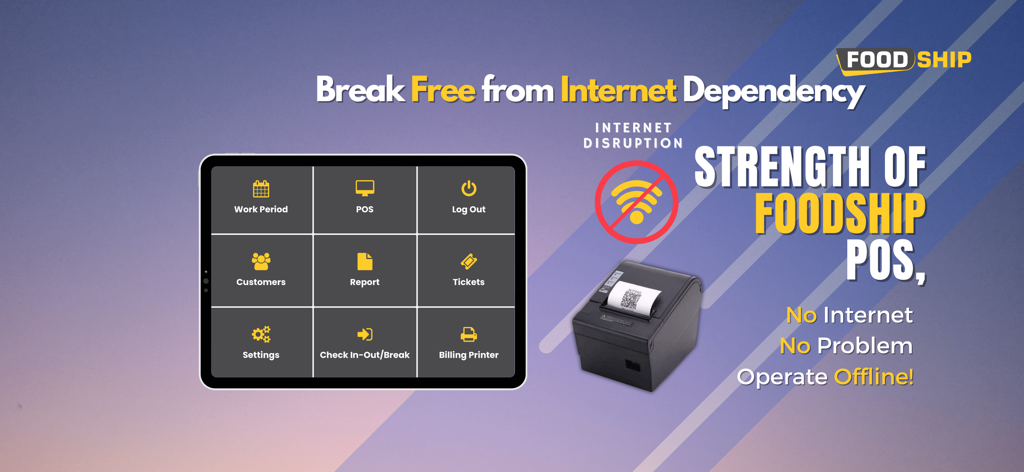Foodship POS - Foodship POS iPad interface showing offline operation capability for restaurants