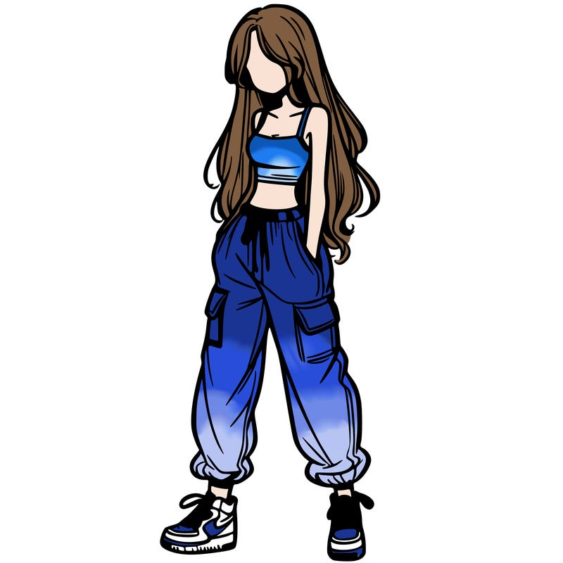 girl in baggy pants crop top and long hair