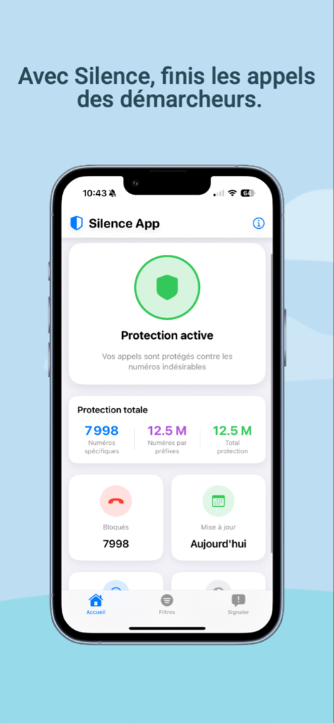Dashboard of the Silence app showing active protection and statistics of blocked spam calls on an iPhone
