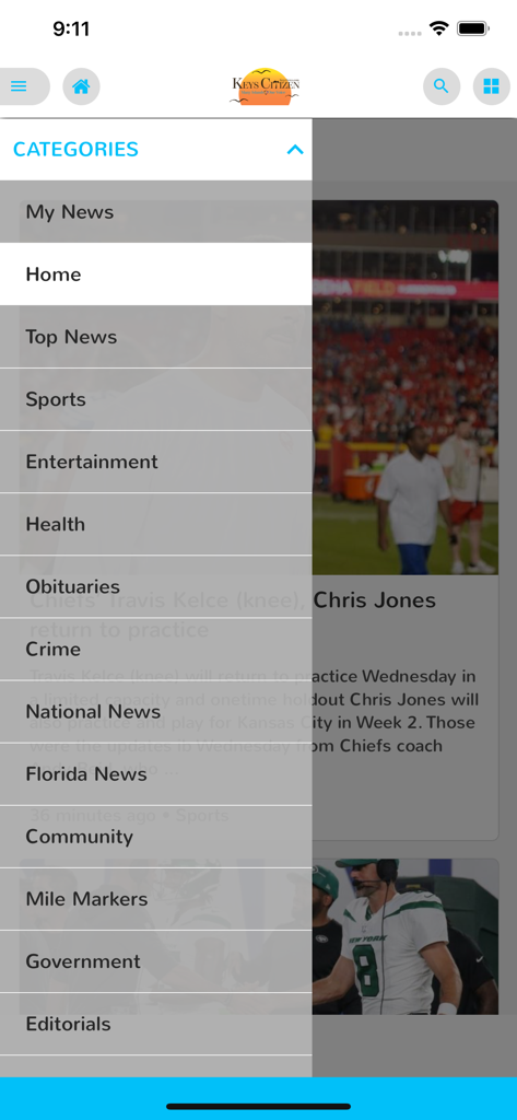 Keys Citizen - The category menu of the Keys Citizen news app showing local news sections.