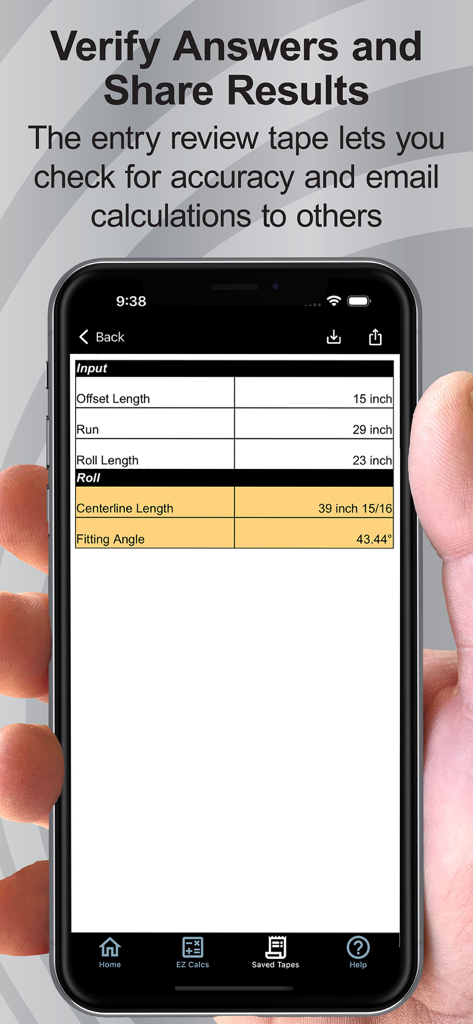 Pipe Trades Pro Calc - A digital review tape in the Pipe Trades Pro Calc app showing pipe offset calculations and fitting angles for professional verification.