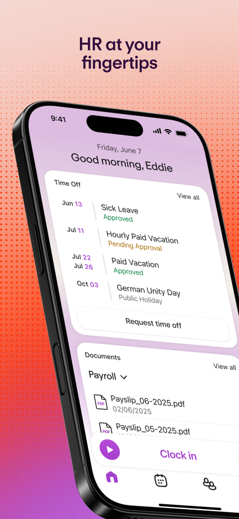 The Personio mobile app dashboard showing employee time off status, payroll documents, and a clock in button.