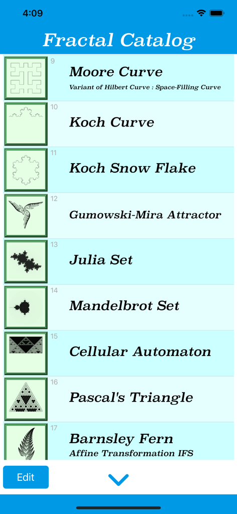 Fractal Catalog - Interfaz de lista de la aplicación Catálogo Fractal con varios fractales matemáticos.