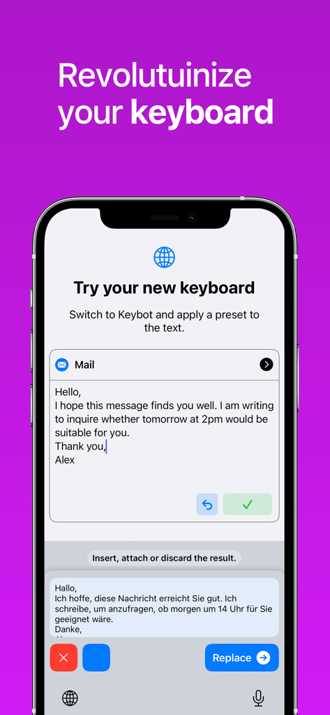 AI Keyboard Assistant - Keybot - Keybot AI keyboard assistant showing real-time email translation on a mobile device