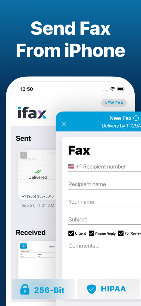 iFax App Send Fax From iPhone - iFaxアプリのインターフェースで、iPhoneから安全でHIPAA準拠のFAXを送信