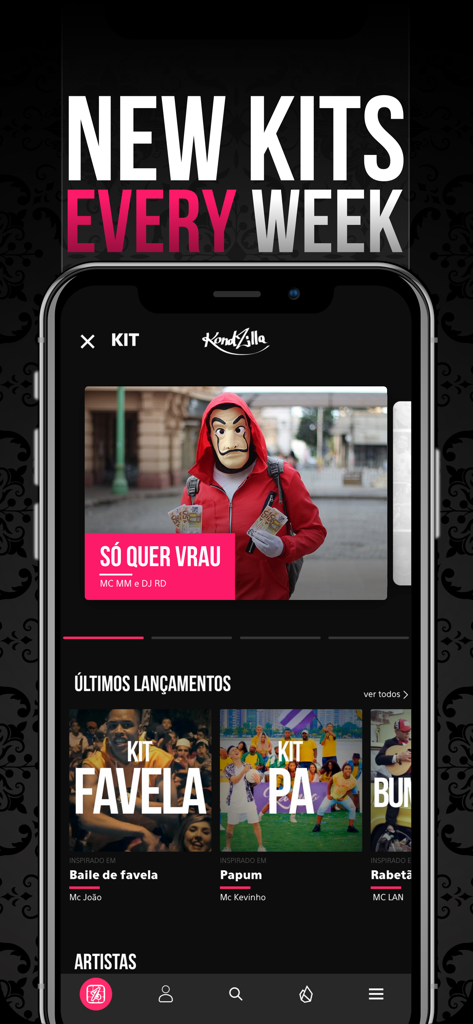 KondZilla Beat Maker - KondZilla Beat Maker app interface showing new weekly music kits and funk sound packs.