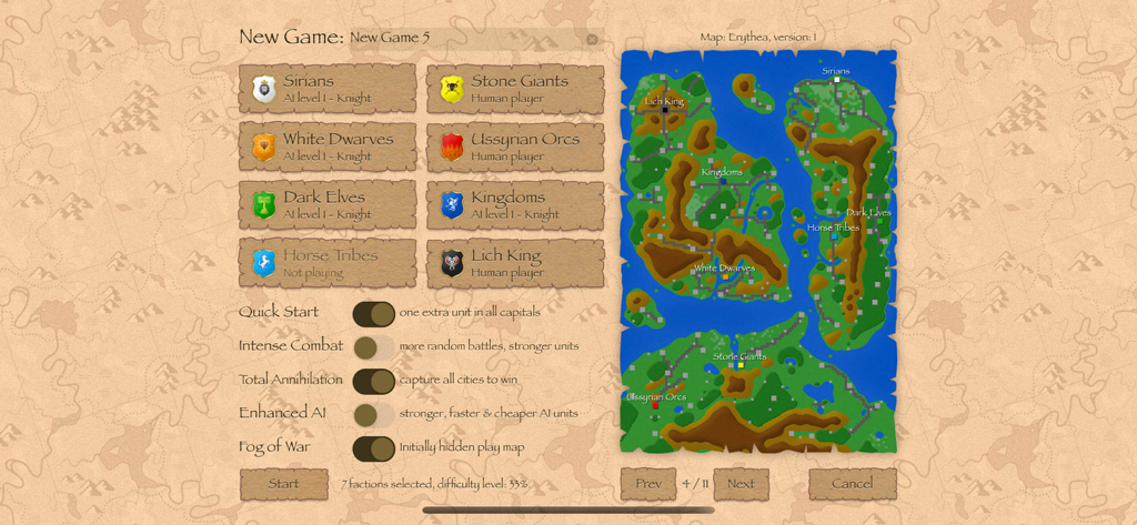 Warlords Classic Strategy - New game setup screen for Warlords Classic Strategy showing faction selection and world map preview