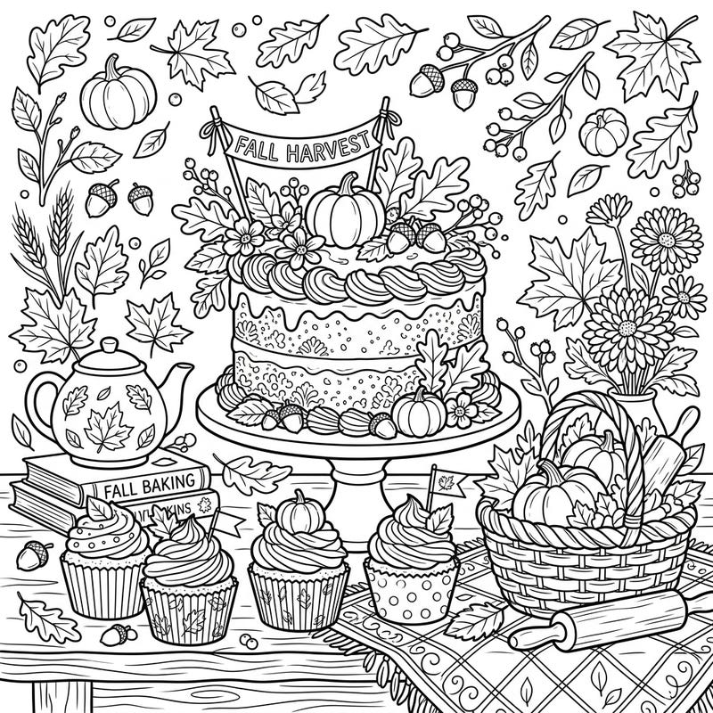 Dive into the cozy spirit of autumn with this charming coloring page featuring an abundance of delicious vanilla cakes and cupcakes. Adorned with festive fall decorations, it’s a perfect way to celebrate the harvest season.