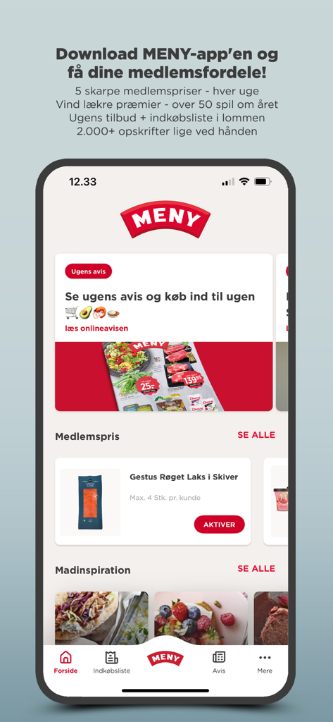 MENY Danmark - MENY Danmarkアプリのインターフェース。週ごとの食料品のセール、会員価格、レシピのインスピレーションが表示されています。