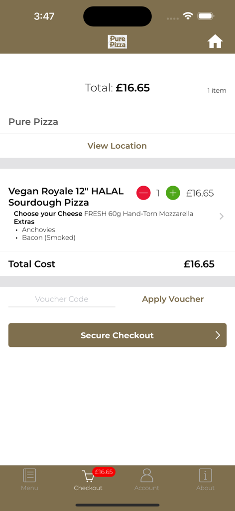 Pure Pizza - Pure Pizza app checkout screen showing a vegan sourdough pizza order and secure checkout button