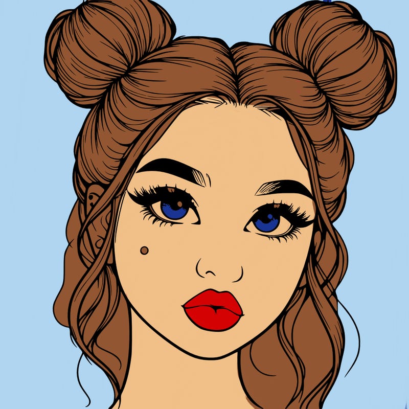 realistic girl with two buns on her hair and lips