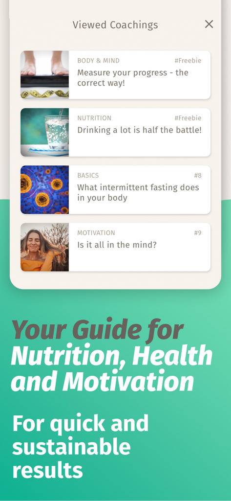 BodyFast app screen showing coaching topics for nutrition health and motivation including progress tracking and hydration