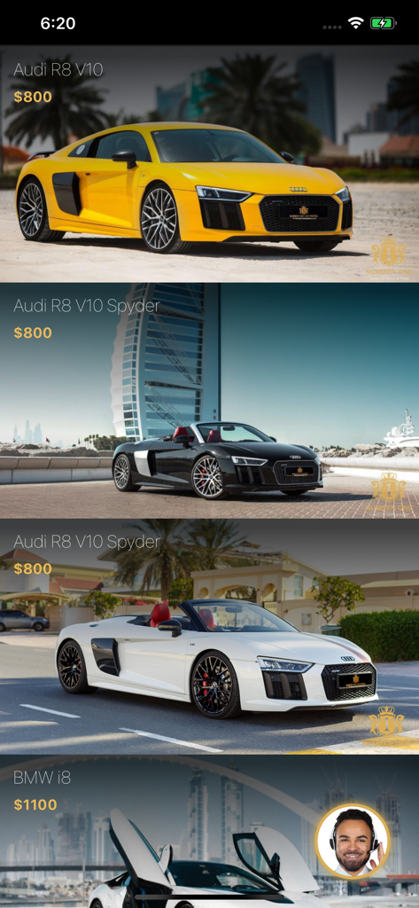 Interfaccia dell'app Dubai Cars Rental che mostra elenchi di supercar Audi R8 V10 e BMW i8 con prezzi giornalieri.