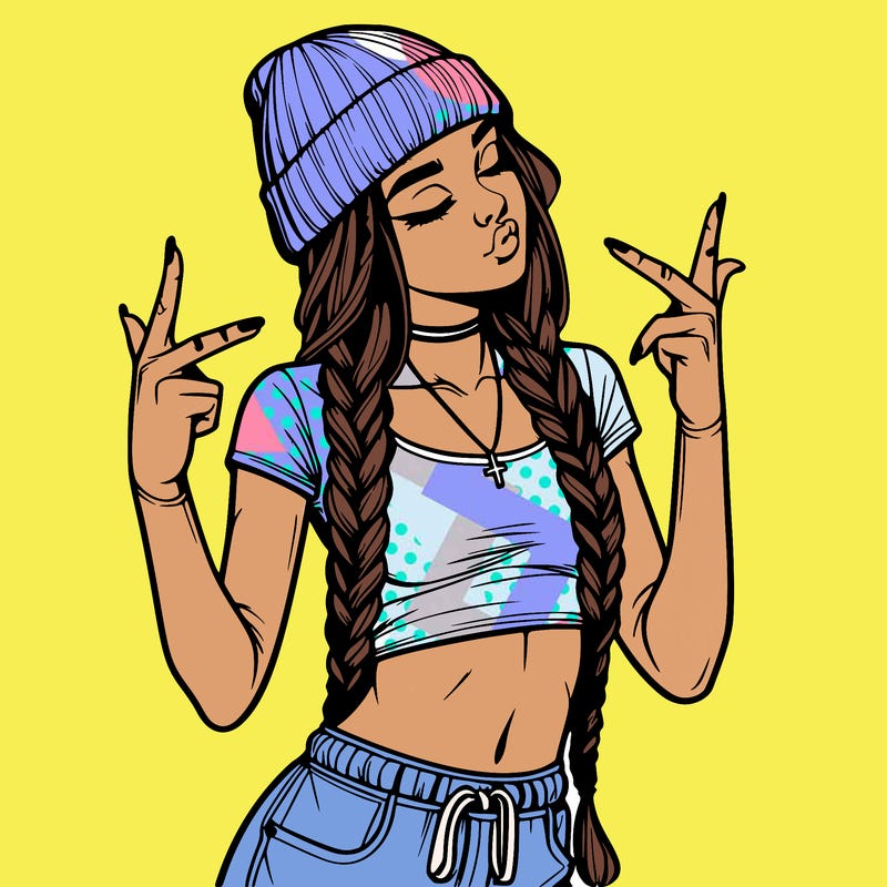 realistic teenage girl with braids and a beanie and crop top doing 🫶🏼