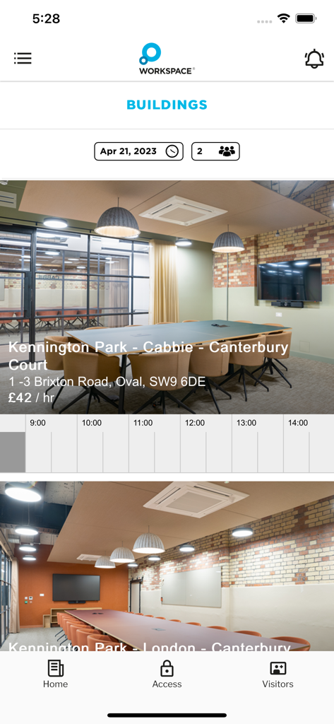 MyWorkspace - Mobile app screen showing a list of available meeting rooms with prices and a booking schedule.