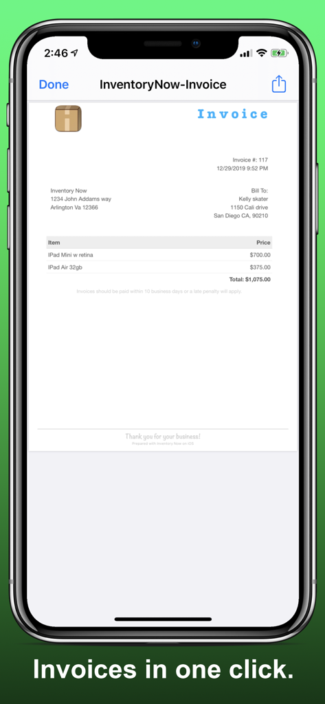 Inventory Now: product tracker - Recurso de geração de faturas no aplicativo Inventory Now para pequenas empresas