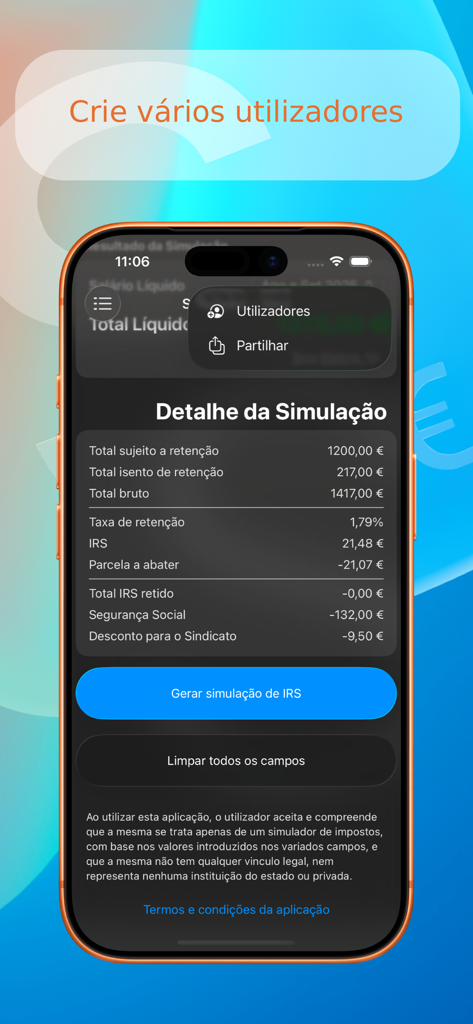 Salário Líquido app interface showing a detailed net salary calculation and tax simulation for Portugal.