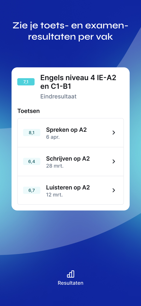 Eduarte Student - Una schermata mobile che mostra i voti degli studenti e i risultati degli esami nell'app Eduarte Student