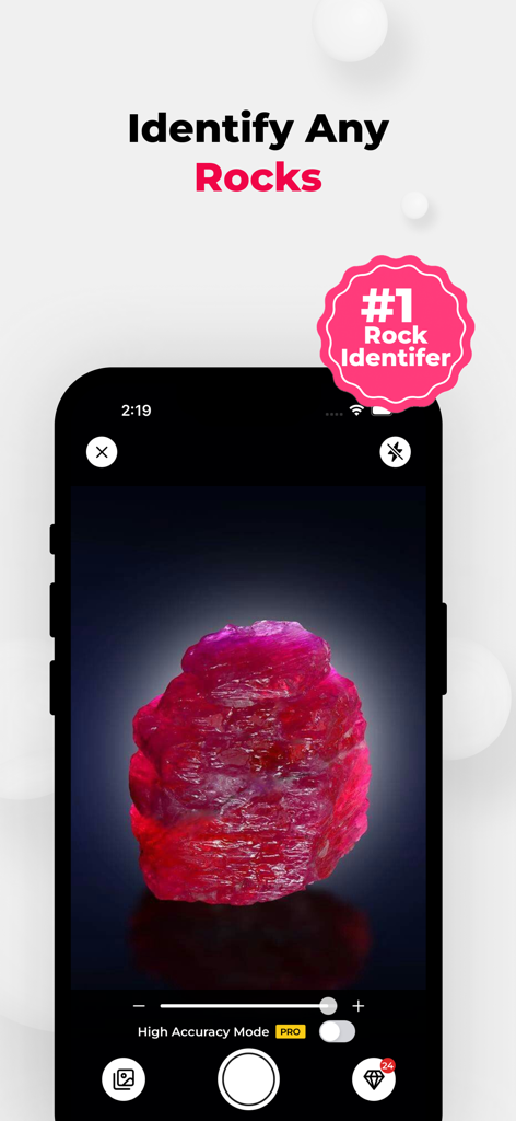Ruby Glint: Rock Identifier - Ruby Glint app camera interface identifying a red gemstone with a top badge saying number one rock identifier